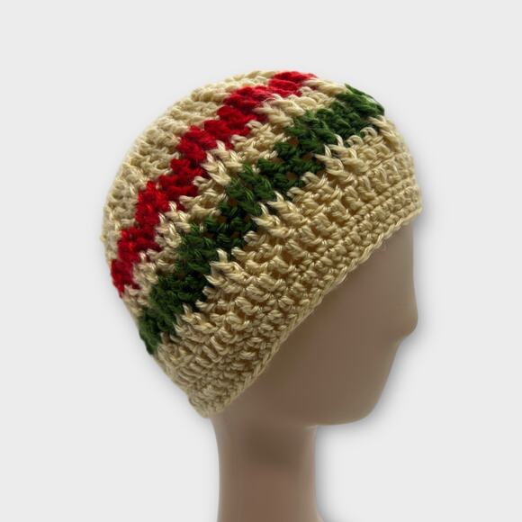 Chenille Crochet beige green red stripe Woven Beanie Cap Hat Winter Hat X-Small - Picture 1 of 8